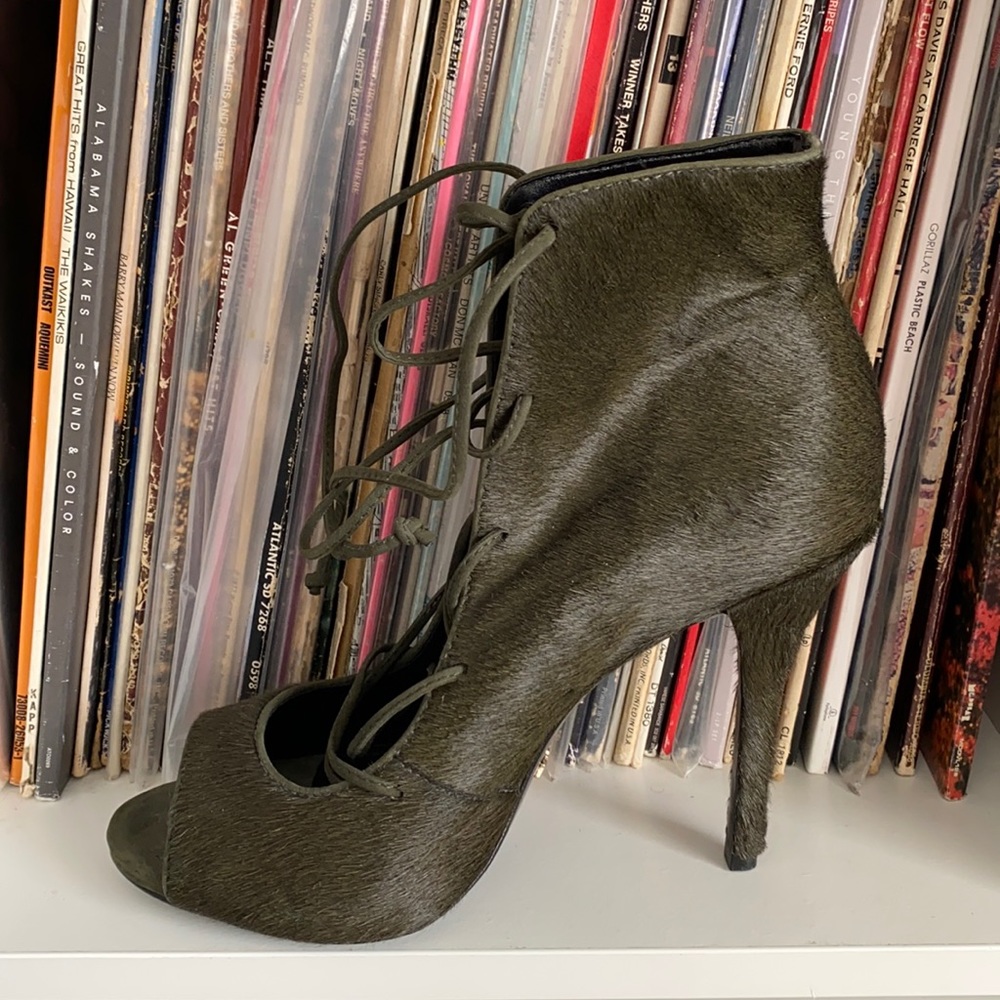 Schultz Olive Green Lace-Up Peep-Toe High Heel Booties